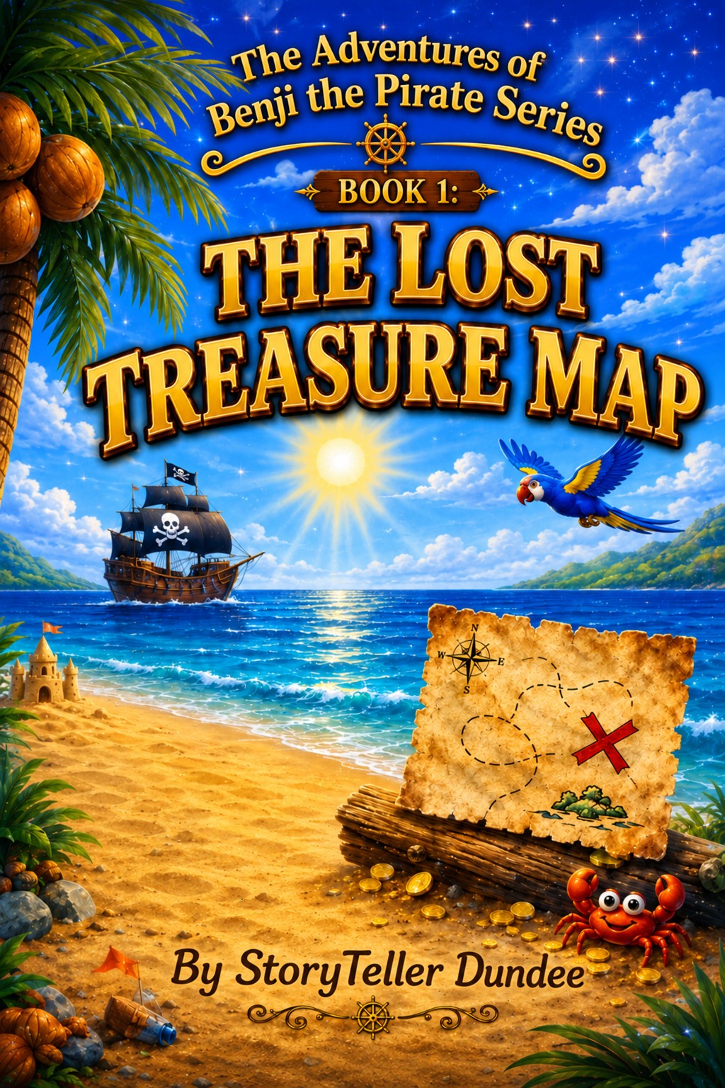 Cover of The Lost Treasure Map, showing a sunny pirate island, ship, parrot and treasure map