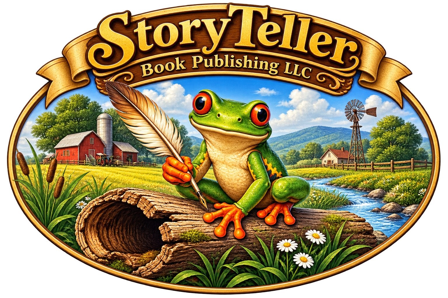 StoryTeller Book Publishing LLC logo with a green frog holding a quill on a farm