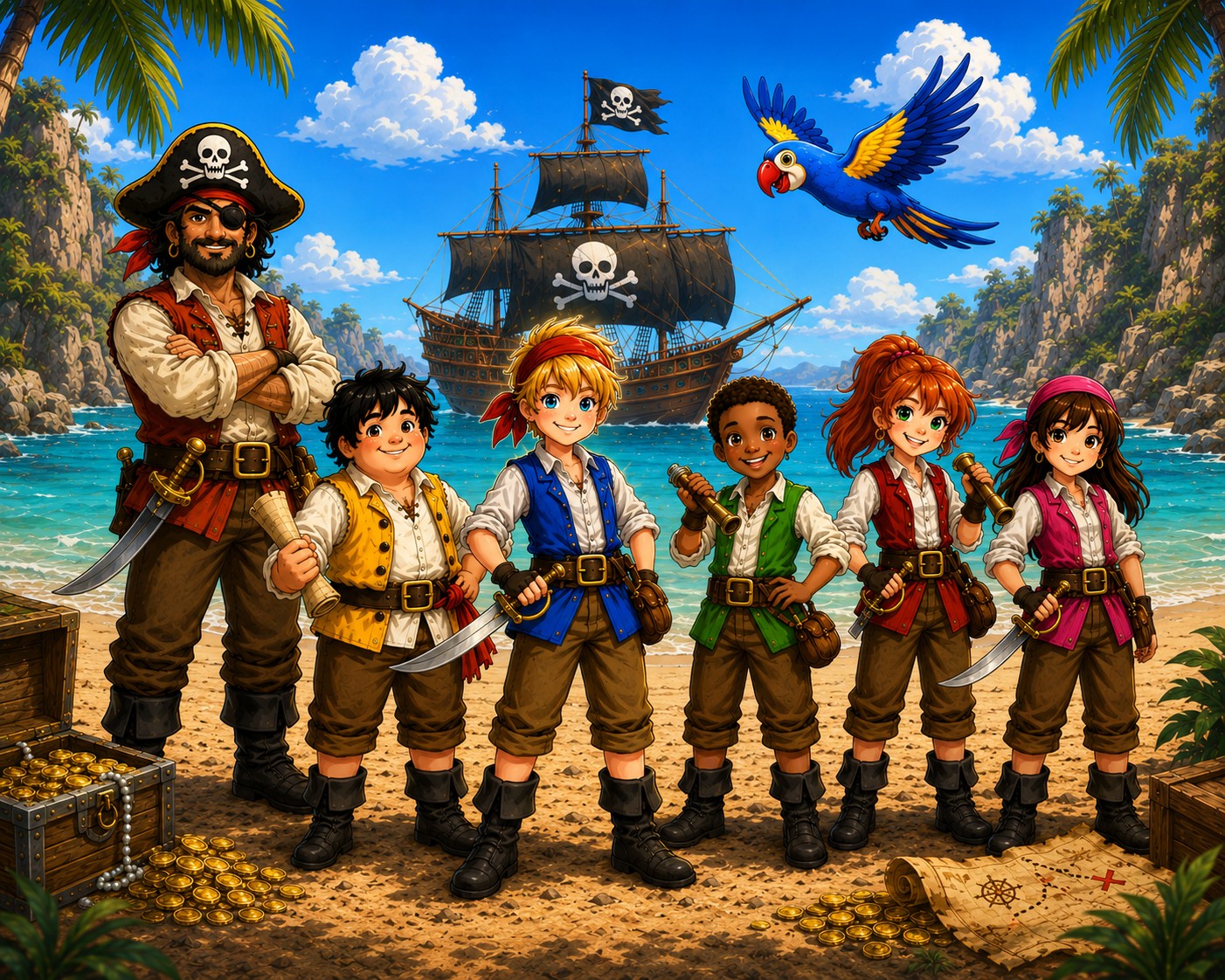 Captain Bart, Wally, Benji, Pete with his blue-and-yellow parrot Rascal, Patty and Abbie together on a tropical beach